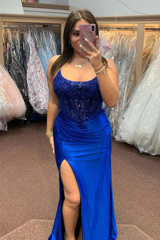 Royal Blue Lace-Up Mermaid Satin Long Prom Dress with Slit