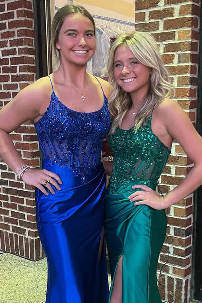 Royal Blue Lace-Up Mermaid Satin Long Prom Dress with Slit