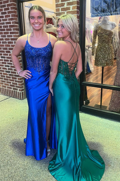 Royal Blue Lace-Up Mermaid Satin Long Prom Dress with Slit