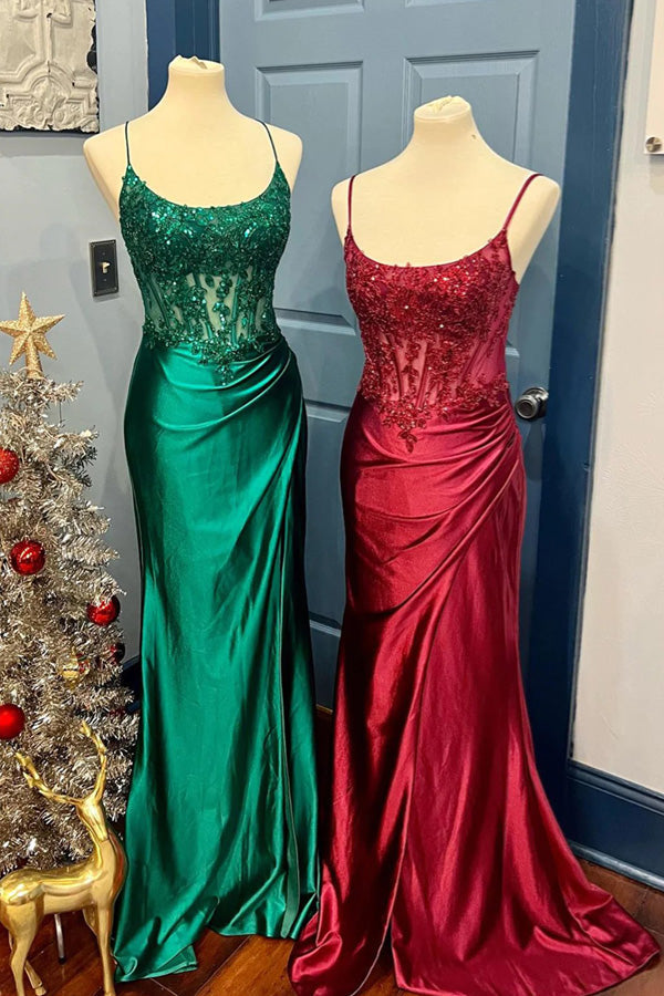 Royal Blue Lace-Up Mermaid Satin Long Prom Dress with Slit