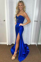 Royal Blue Lace Applique High Slit Mermaid Prom Dresses