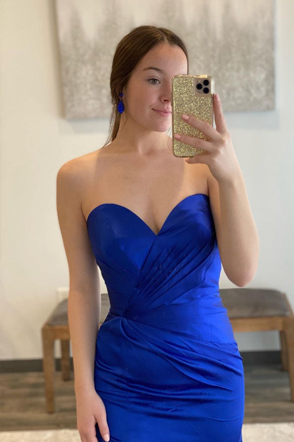 Vestidos de fiesta sencillos de satén azul rey con escote corazón PSK507