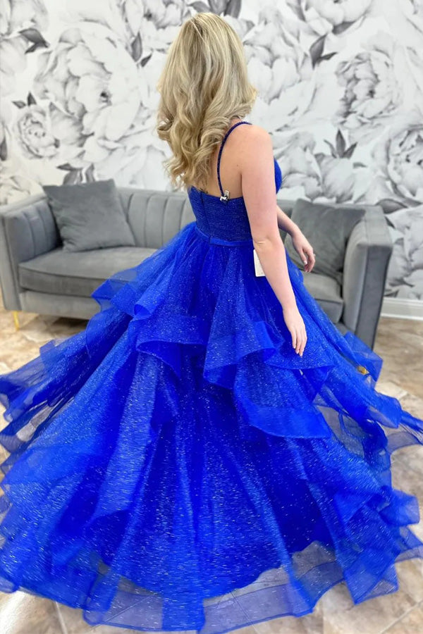 Vestido de fiesta largo multicapa de tul azul rey brillante con escote en V PSK510