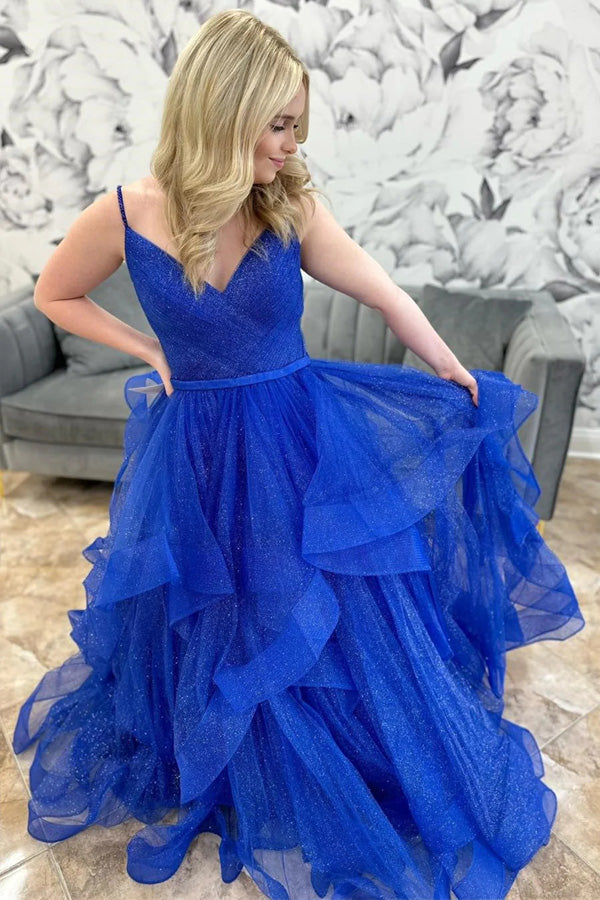 Vestido de fiesta largo multicapa de tul azul rey brillante con escote en V PSK510