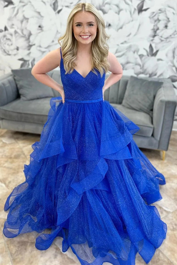Vestido de fiesta largo multicapa de tul azul rey brillante con escote en V PSK510