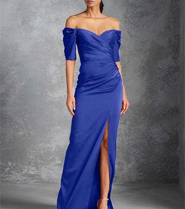 Vestidos para madre de la novia con corte tubo, hombros descubiertos, mangas cortas y largo hasta el suelo con abertura frontal
