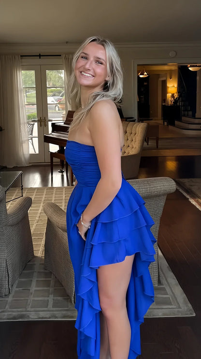 Royal Blue Corset Prom Dresses Strapless Ruffle Party Gown SYP188