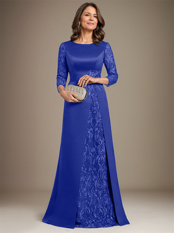 Vestido de madre de la novia de satén con encaje, corte A, largo hasta el suelo y apliques