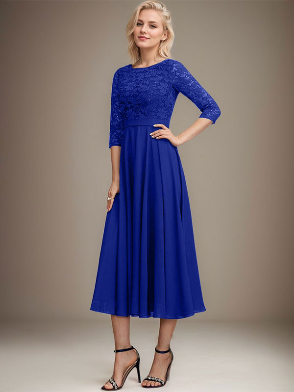 Vestido de gasa con encaje y lentejuelas para madre de la novia, corte A, escote redondo y largo hasta la rodilla