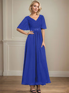 Vestido de gasa para madre de la novia con escote en V, largo hasta los tobillos, corte A y lentejuelas plisadas con cuentas