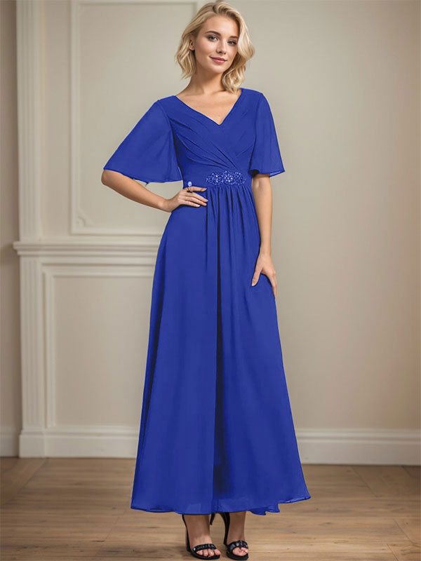 Vestido de gasa para madre de la novia con escote en V, largo hasta los tobillos, corte A y lentejuelas plisadas con cuentas
