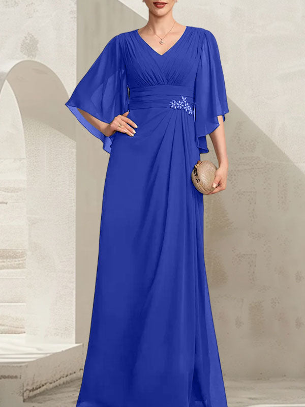 Etui-Linie/Säule V-Ausschnitt Bodenlang Chiffon Kleid für die Brautmutter mit Plissee Pailletten Perlenbesatz