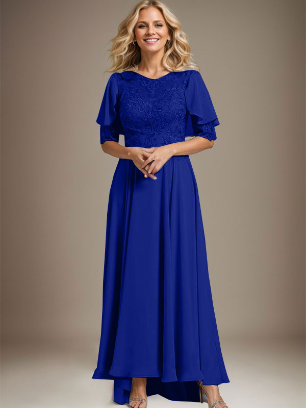 Vestido de madre de la novia de gasa asimétrica con encaje, ilusión, corte A y escote redondo con cuentas