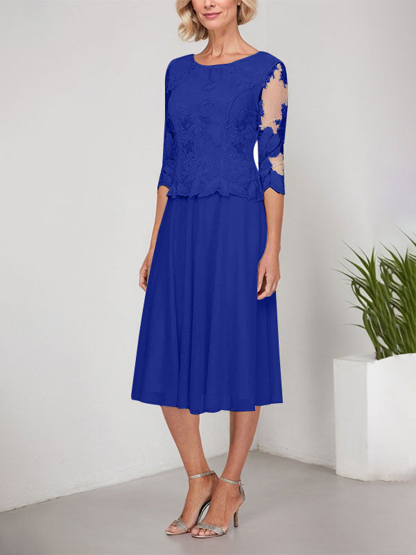 Vestido de gasa con encaje y bordado para madre de la novia, corte A, escote redondo y largo hasta la rodilla