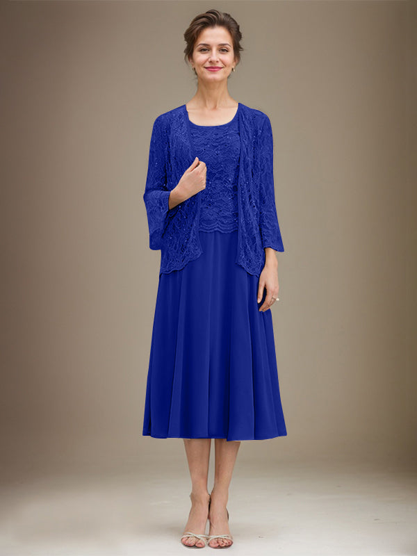 Vestido de gasa con encaje y lentejuelas para madre de la novia, corte A, escote redondo y largo hasta la rodilla