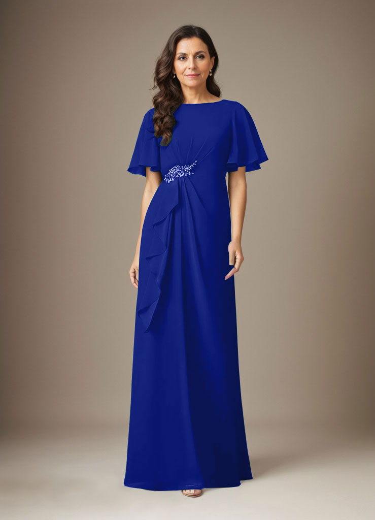 Dunkelmarineblaues Etuikleid aus Chiffon mit Perlen