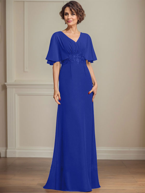 A-Linie V-Ausschnitt Bodenlanges Chiffonkleid für die Brautmutter mit plissierten Paillettenapplikationen Spitze