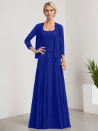 Vestido de madre de la novia de gasa con encaje, corte A, largo hasta el suelo, cuadrado y lentejuelas
