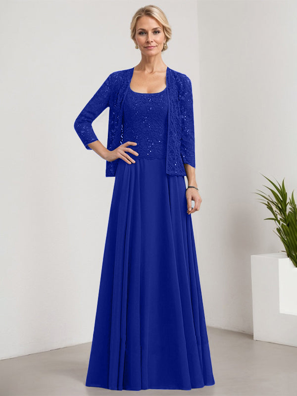 Vestido de madre de la novia de gasa con encaje, corte A, largo hasta el suelo, cuadrado y lentejuelas