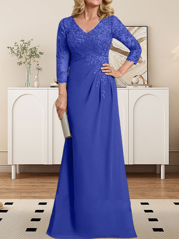 Vestido de madre de la novia de gasa con encaje, escote en V, ilusión, largo hasta el suelo, con lentejuelas plisadas
