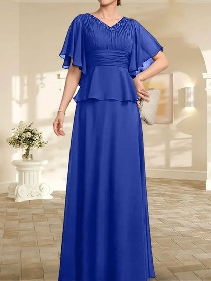 A-Linien-Kleid aus Chiffon mit V-Ausschnitt und bodenlangem Schnitt für die Brautmutter mit plissierten Perlen