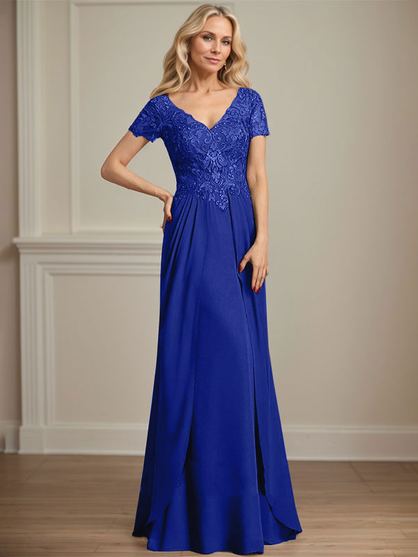 Vestido de gasa con encaje y escote en V hasta el suelo para madre de la novia