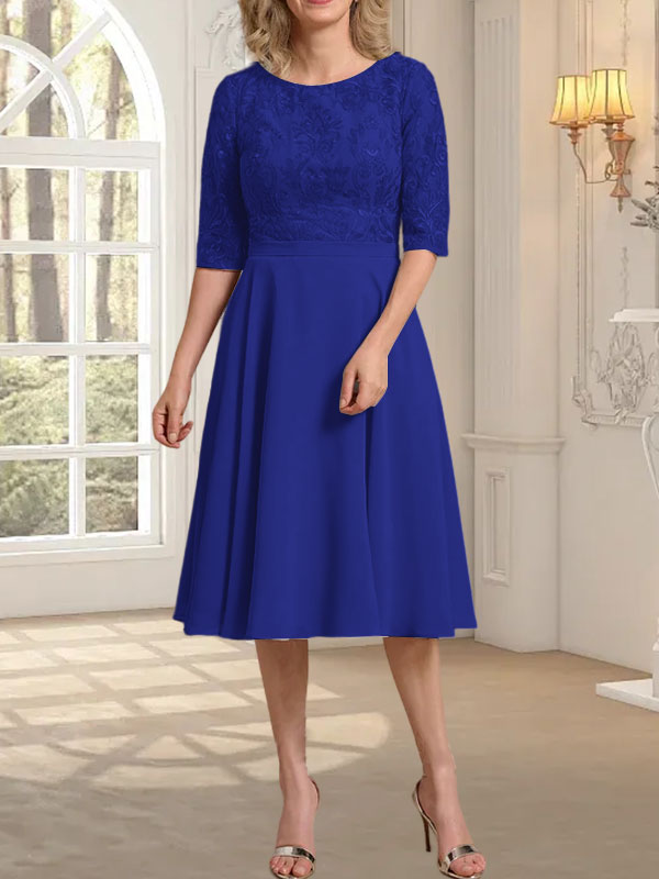 Vestido de gasa con encaje y escote redondo hasta la rodilla para madre de la novia