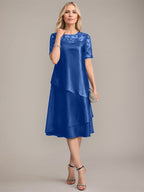Vestido de madre de la novia con corte en A, escote redondo y largo hasta la rodilla, con apliques y lentejuelas