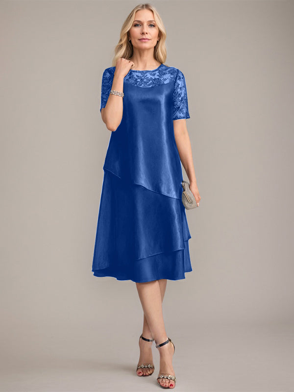 Vestido de madre de la novia con corte en A, escote redondo y largo hasta la rodilla, con apliques y lentejuelas