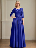 Vestido de madre de la novia de satén con encaje, corte A, escote ilusión, largo hasta el suelo, con lazo de lentejuelas