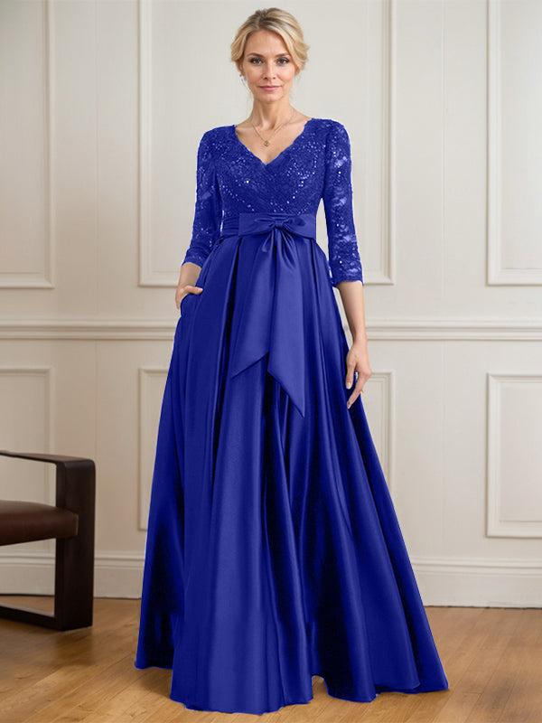 Vestido de madre de la novia de satén con encaje, escote en V y largo hasta el suelo con lazo de lentejuelas