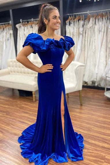 Schulterfreies, königsblaues Abendkleid mit Schlitz SYP95
