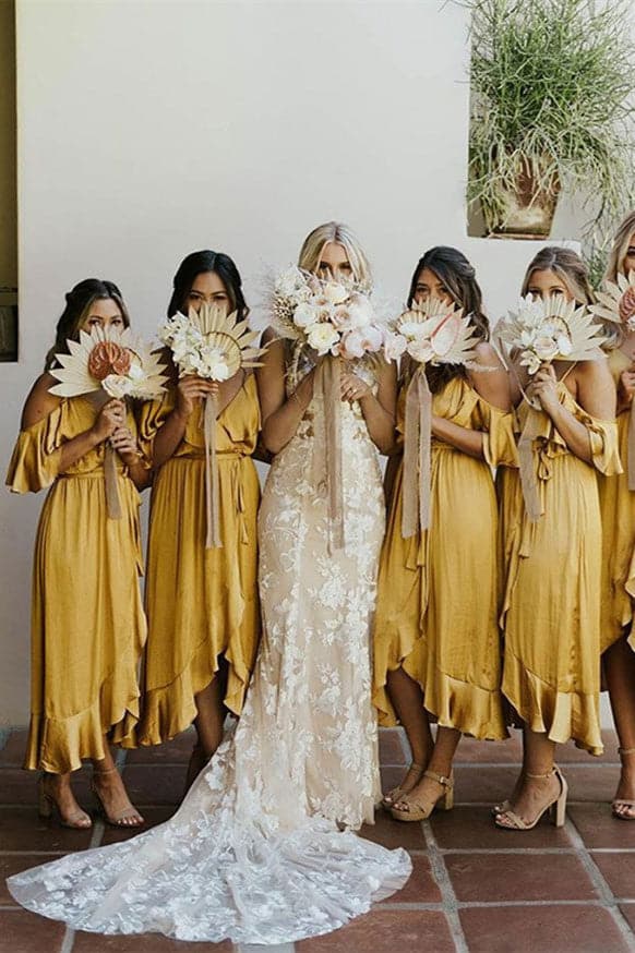 Vestido de dama de honor amarillo mostaza, largo hasta la rodilla, SCB37