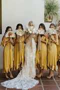 Vestido de dama de honor amarillo mostaza, largo hasta la rodilla, SCB37