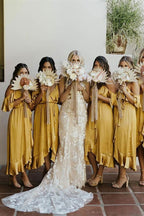 Vestido de dama de honor amarillo mostaza, largo hasta la rodilla, SCB37