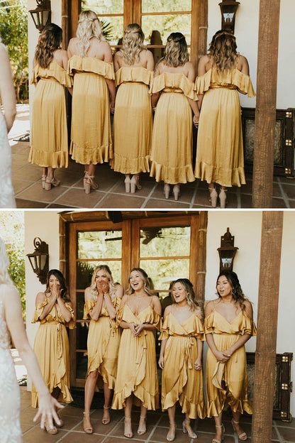 Tea-Length Mustard Yellow Bridesmaid Dress SCB37