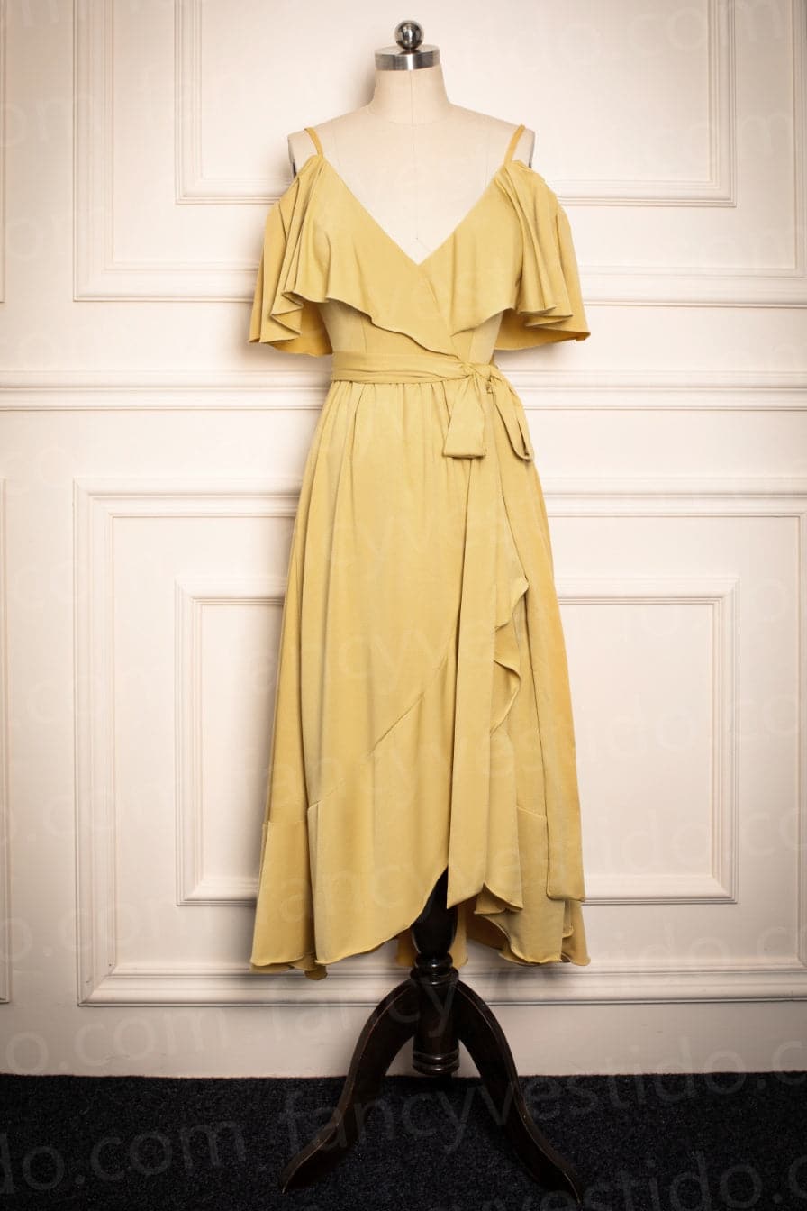 Vestido de dama de honor amarillo mostaza, largo hasta la rodilla, SCB37