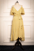 Vestido de dama de honor amarillo mostaza, largo hasta la rodilla, SCB37