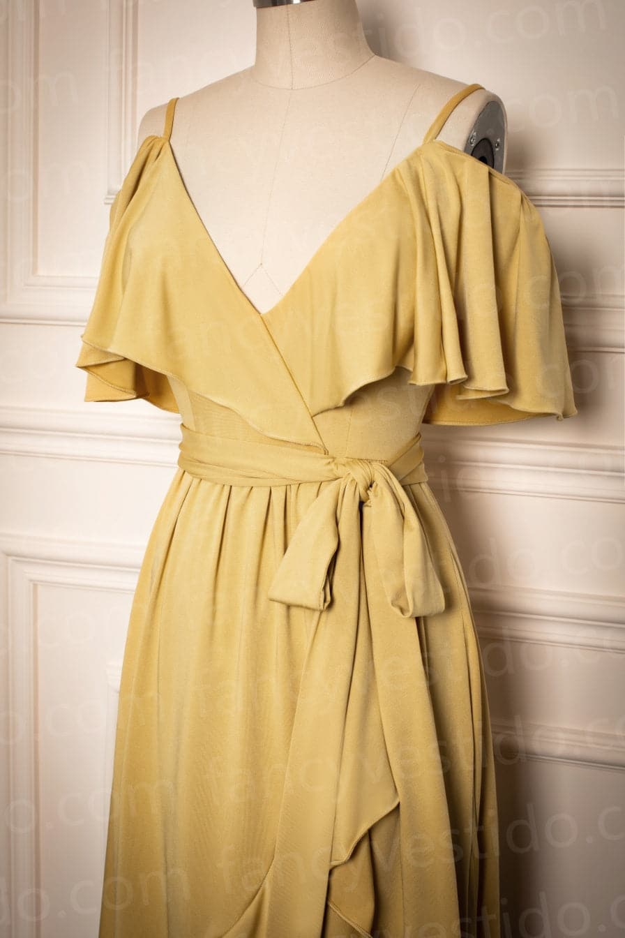 Tea-Length Mustard Yellow Bridesmaid Dress SCB37