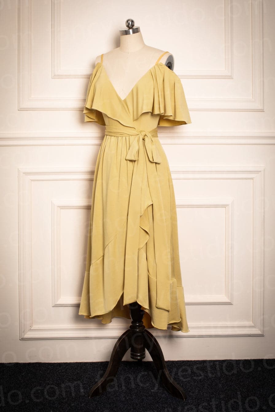 Vestido de dama de honor amarillo mostaza, largo hasta la rodilla, SCB37
