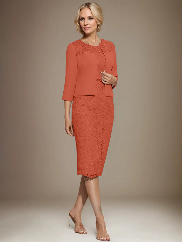Vestido de gasa con encaje y cuentas para madre de la novia, largo hasta la rodilla, con escote redondo y corte columna
