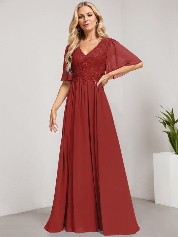 Vestido de madre de la novia de gasa con encaje, escote en V y lentejuelas, largo hasta el suelo