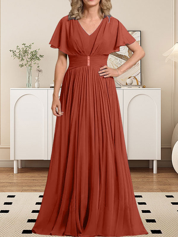 Vestido de gasa para madre de la novia, corte A, escote en V, largo hasta el suelo, con broche de cristal y plisado