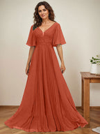 Vestido de gasa para madre de la novia, corte A, escote en V, largo hasta el suelo, con apliques de lentejuelas y encaje plisado