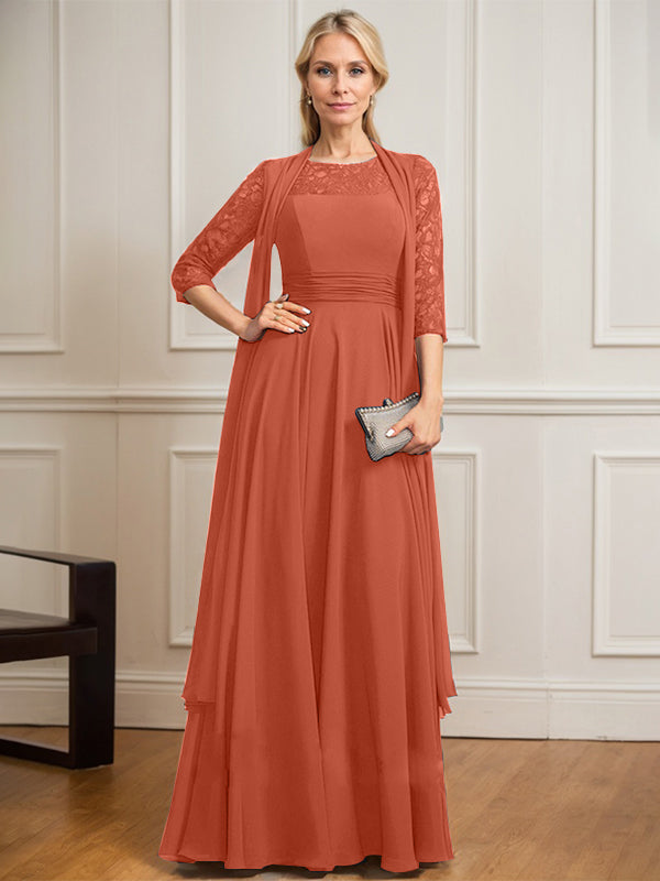 Vestido de gasa de encaje con ilusión de corte A hasta el suelo para madre de la novia con pliegues