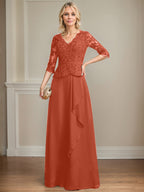 A-Linie V-Ausschnitt Bodenlanges Spitzen-Chiffon-Kleid für die Brautmutter mit kaskadierenden Rüschen und Pailletten 
