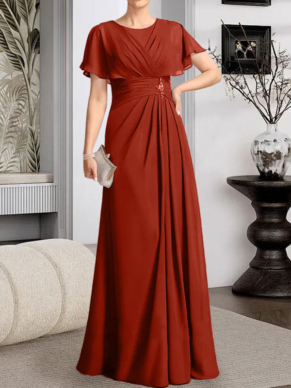Vestido de gasa para madre de la novia con corte en A, escote redondo y largo hasta el suelo, con cuentas plisadas