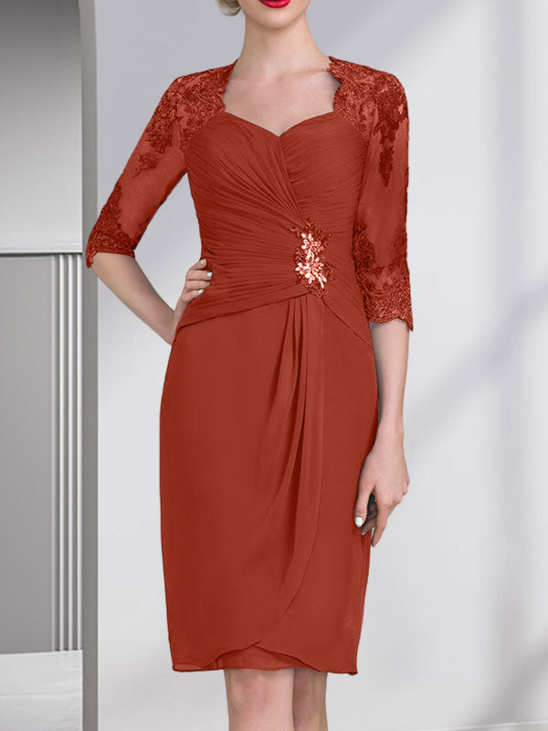 Vestido de gasa para madre de la novia con escote corazón, largo hasta la rodilla, con apliques de cuentas, encaje y lentejuelas plisado.