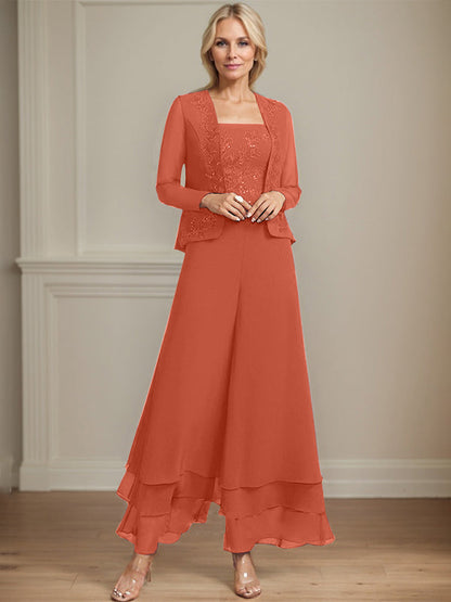 Separates Jumpsuit/Hosenanzug Quadratisches Knöchellanges Spitzenchiffonkleid für die Brautmutter mit Pailletten 