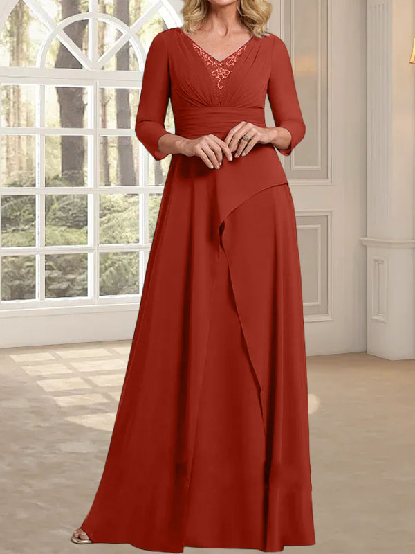 Vestido de gasa para madre de la novia con escote en V, largo hasta el suelo, con pliegues y cuentas